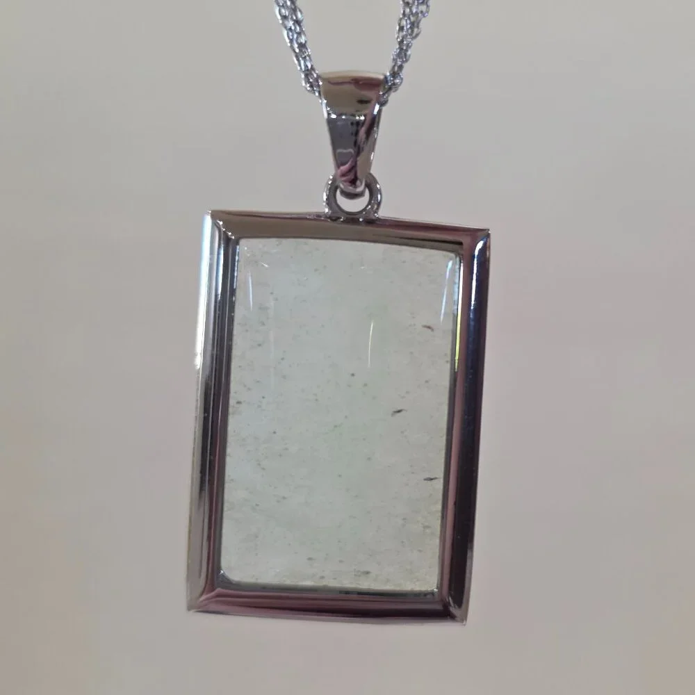 Vintage Transluscent Rectangle Silver Frame Triple Chain Necklace Near Mint